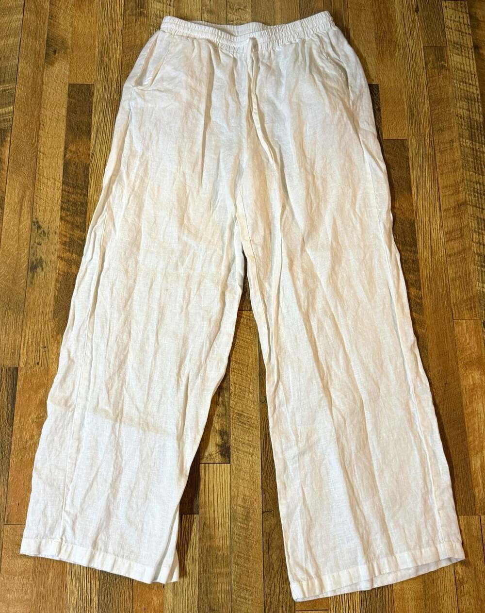 LINTICO Womens M White 100% Linen Pants High Rise Drawstring Elastic Waist